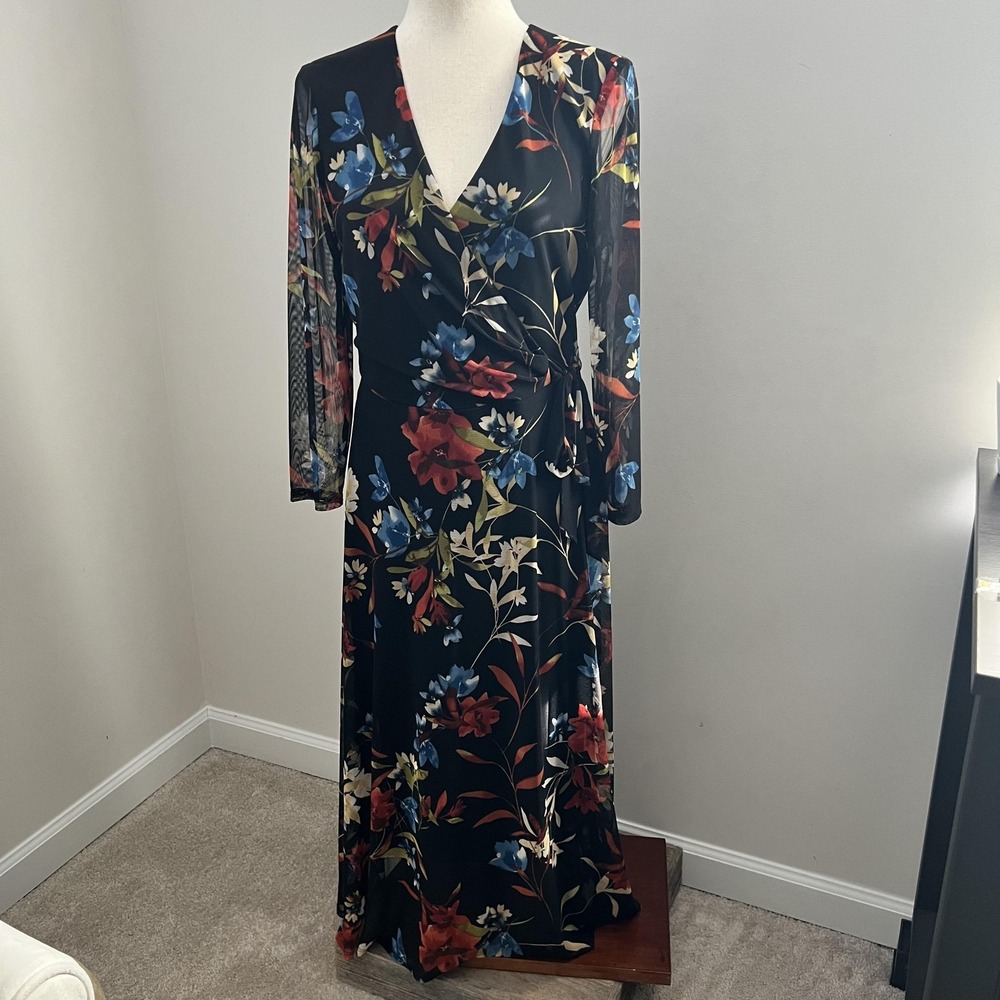 Connected Apparel Dress 8 Black Floral Wrap Maxi Mesh Whimsigoth Dark Fairy Boho